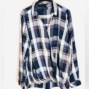 LANE BRAYANT button down shirt top crossed front pleaded blue casual women’s 22